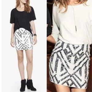 Express Art Deco Sequin Stetchy Mini Skirt in Ivory + Silver